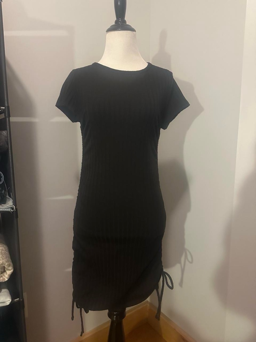 Altar'd State Black Ribbed Short-Sleeve Midi Dress with Side Drawstrings